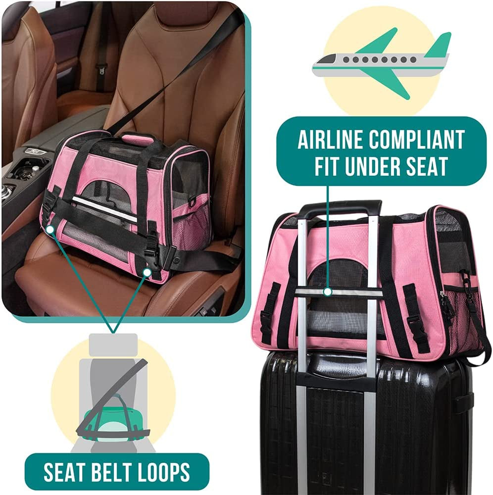 Airline-Approved Soft-Sided Pet Carrier for Cats and Small Dogs, Ventilated Travel Bag for Kittens and Puppies, Large Pink