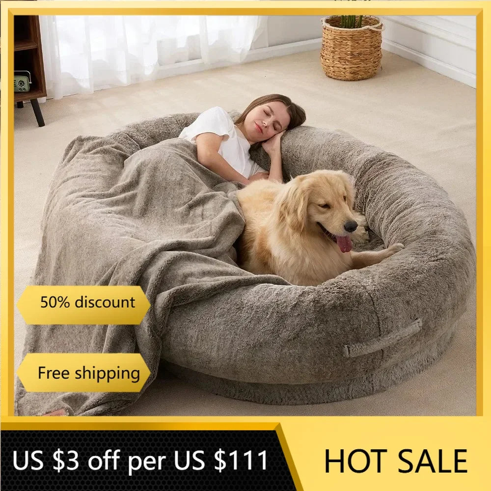 Large Bean Bag Dog Bed for Families and Pets, 72" x 48" x 10" (Brown)