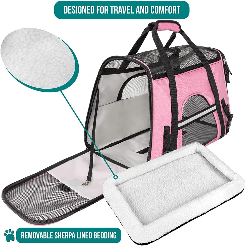 Airline-Approved Soft-Sided Pet Carrier for Cats and Small Dogs, Ventilated Travel Bag for Kittens and Puppies, Large Pink