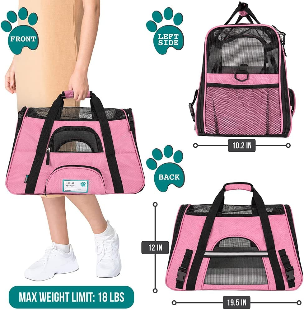 Airline-Approved Soft-Sided Pet Carrier for Cats and Small Dogs, Ventilated Travel Bag for Kittens and Puppies, Large Pink