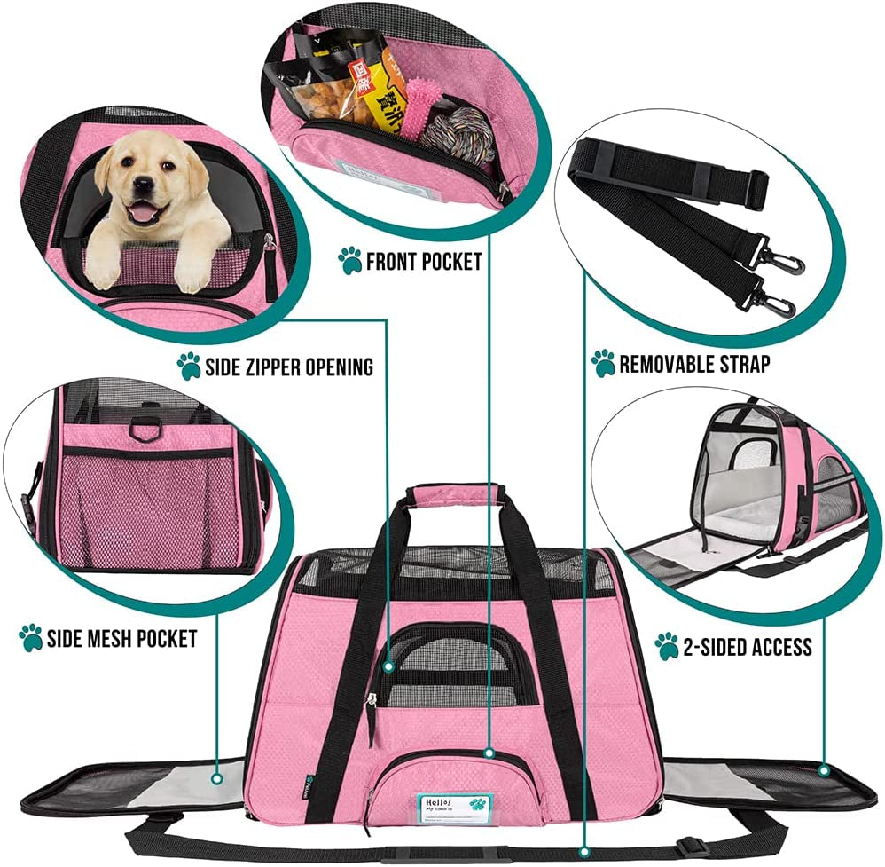 Airline-Approved Soft-Sided Pet Carrier for Cats and Small Dogs, Ventilated Travel Bag for Kittens and Puppies, Large Pink